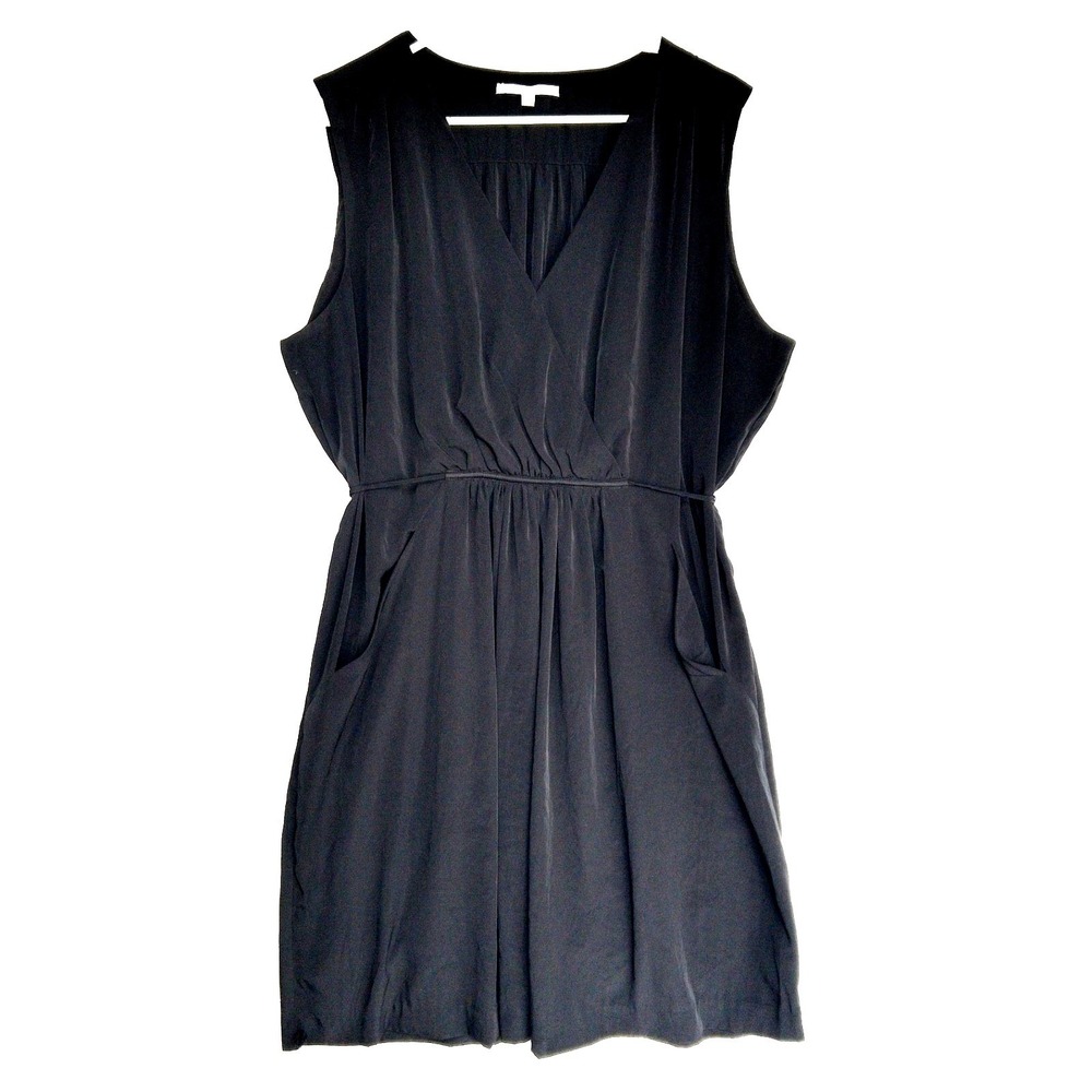 Gap Silky Split Neck Pocket Little Black Dress Womens XL Tie Waist Knee Length